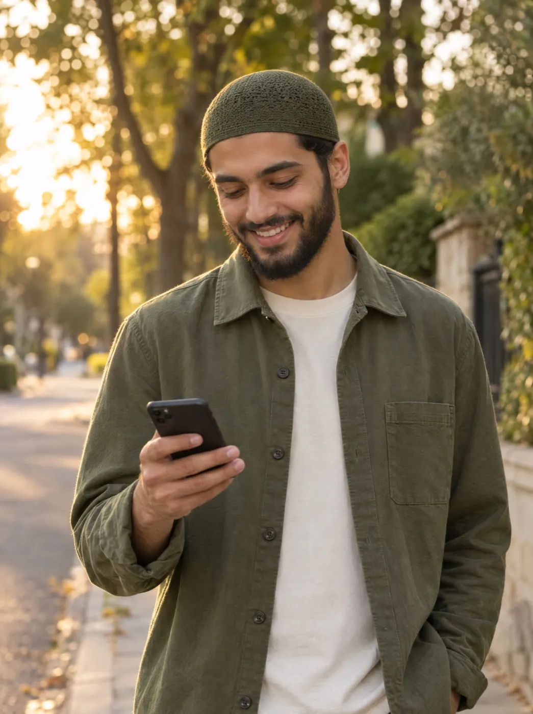 Un joven musulmán sonriendo a su teléfono