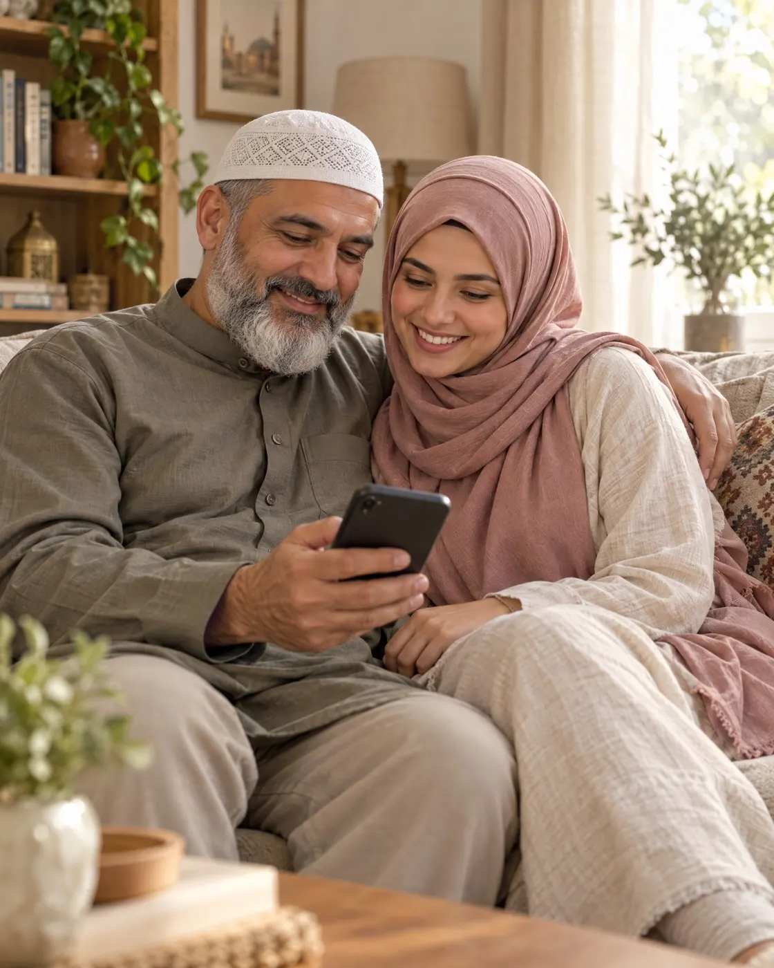 Un padre y su hija mirando juntos un teléfono
